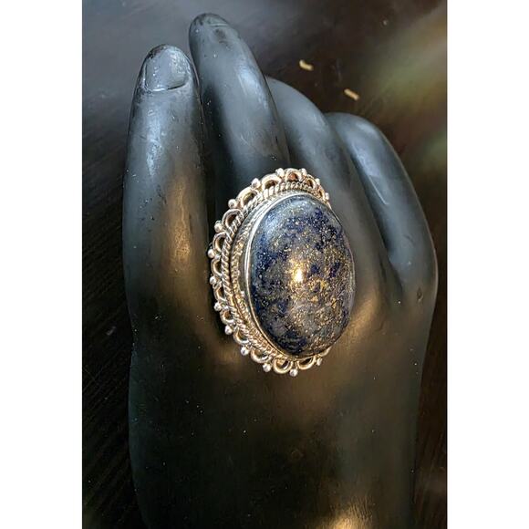 Vintage Lapis Lazuli Sterling Silver Ring | Size 8.5 | Boho Statement Jewelry - Picture 5 of 7